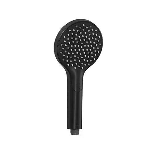 Schwarze Handbrause von Kludi mit runder Düse und gleichmäßigen Wasserlöchern. Schlichtes Design, geeignet für verschiedene Duschanlagen.